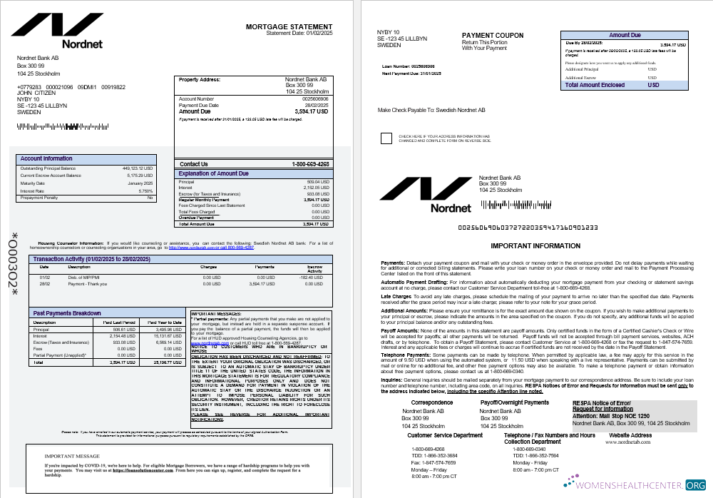 Download Swedish Nordnet AB bank mortgage statement in Word and PDF formats 1 2 Photoshop template